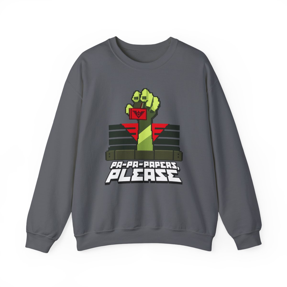 Zombie Fist Retro Pixel Art Sweatshirt | "Pa-Pa-Papers, Please" | Papers, Please Video Game Merch - alternate angle 5, merchandise