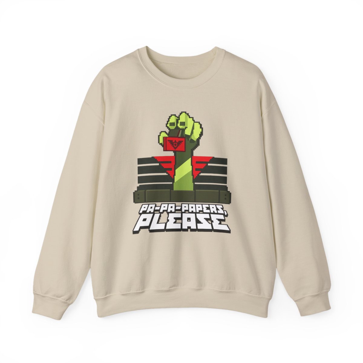 Zombie Fist Retro Pixel Art Sweatshirt | "Pa-Pa-Papers, Please" | Papers, Please Video Game Merch - alternate angle 3, merchandise