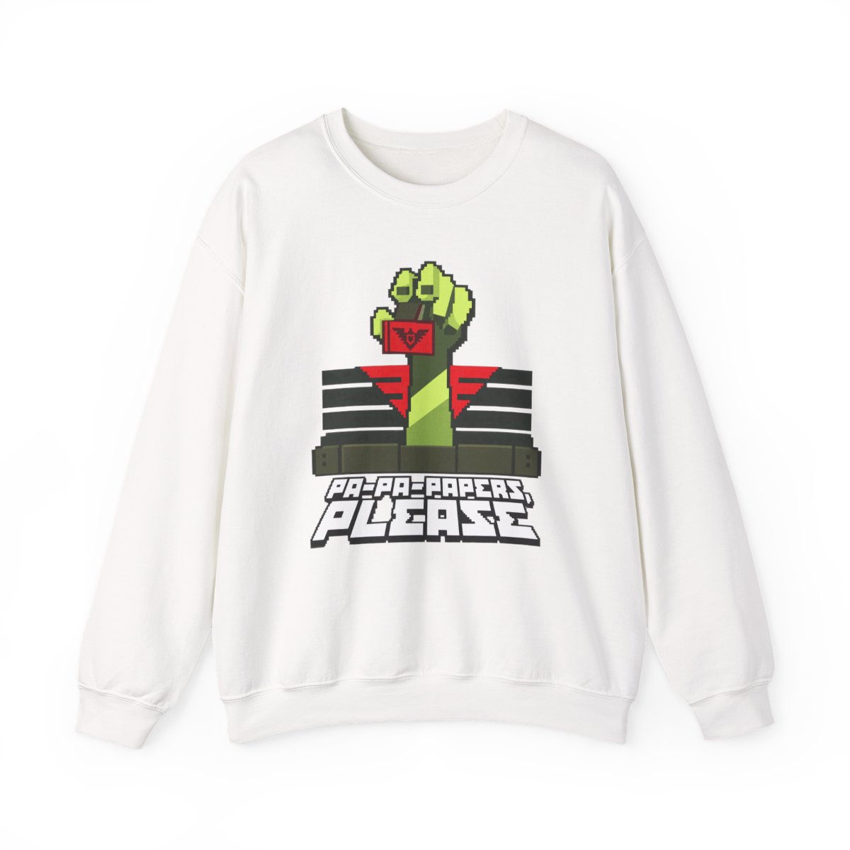 Zombie Fist Retro Pixel Art Sweatshirt | "Pa-Pa-Papers, Please" | Papers, Please Video Game Merch - Official Sweatshirts merchandise