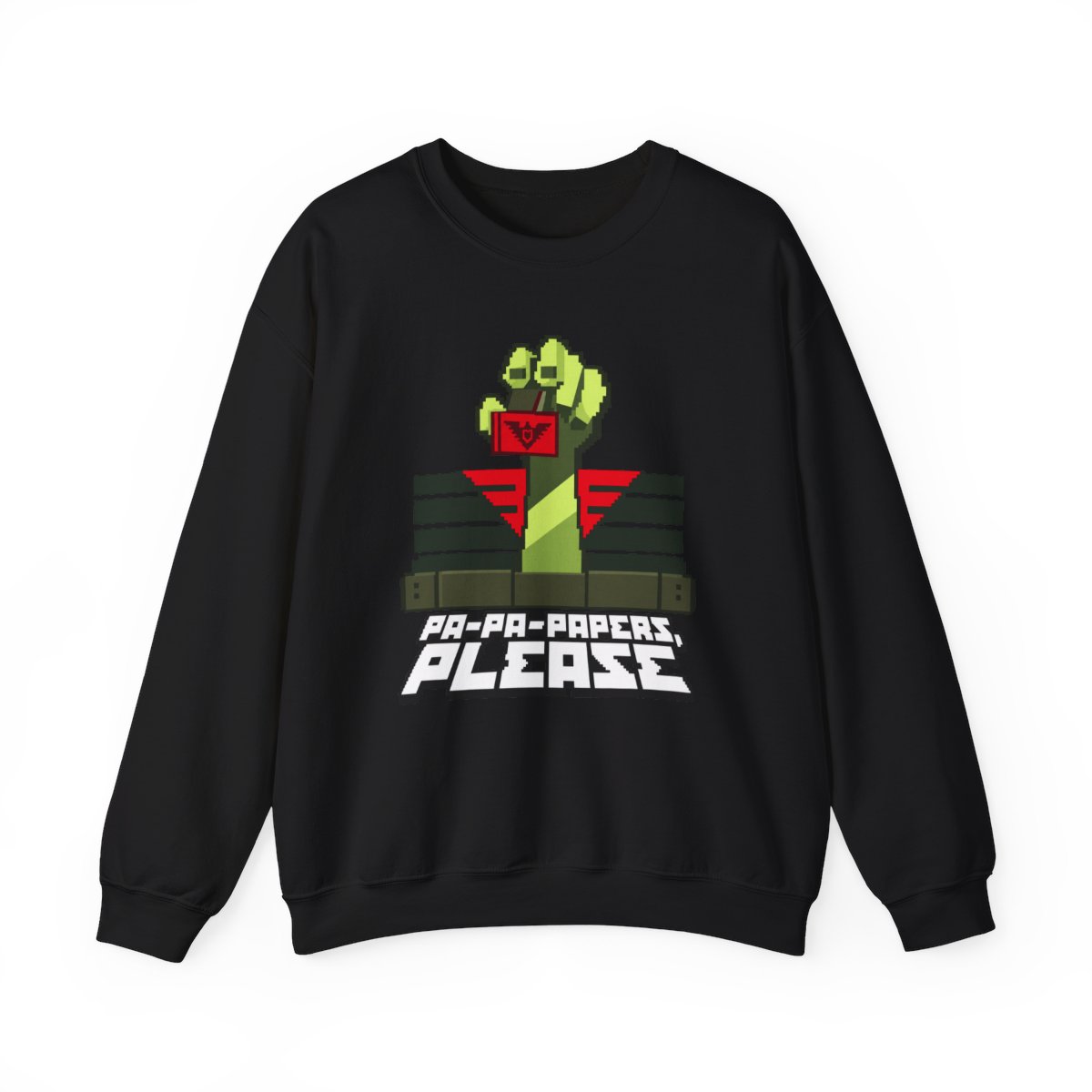 Zombie Fist Retro Pixel Art Sweatshirt | "Pa-Pa-Papers, Please" | Papers, Please Video Game Merch - alternate angle 2, merchandise