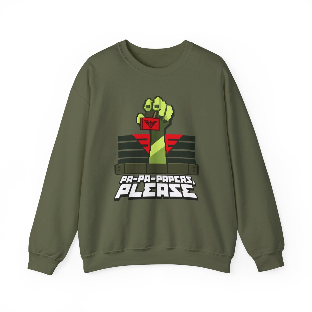 Zombie Fist Retro Pixel Art Sweatshirt | "Pa-Pa-Papers, Please" | Papers, Please Video Game Merch - alternate angle 4, merchandise