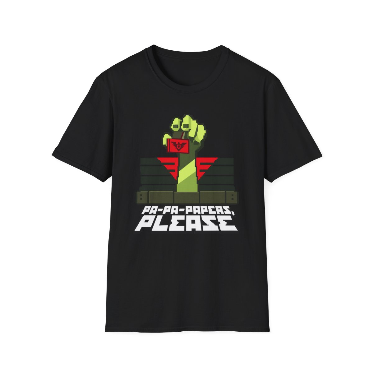 Papers Please pixel art police stamp T-Shirt | retro video game design | Papers, Please Video Game Merch - alternate angle 2, merchandise
