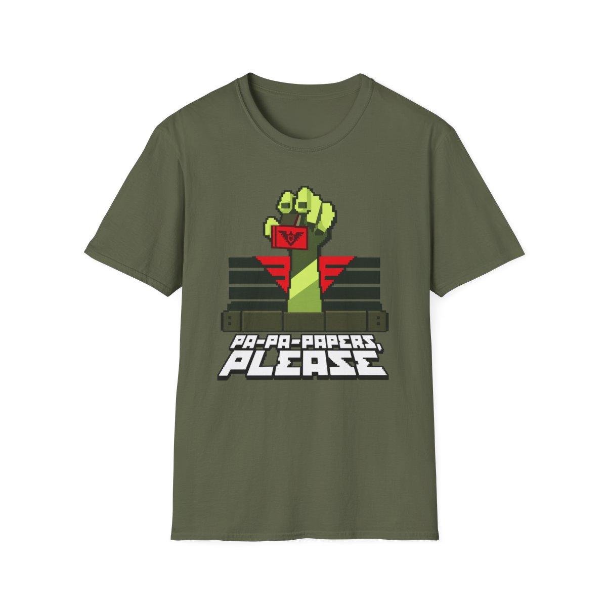 Papers Please pixel art police stamp T-Shirt | retro video game design | Papers, Please Video Game Merch - alternate angle 3, merchandise